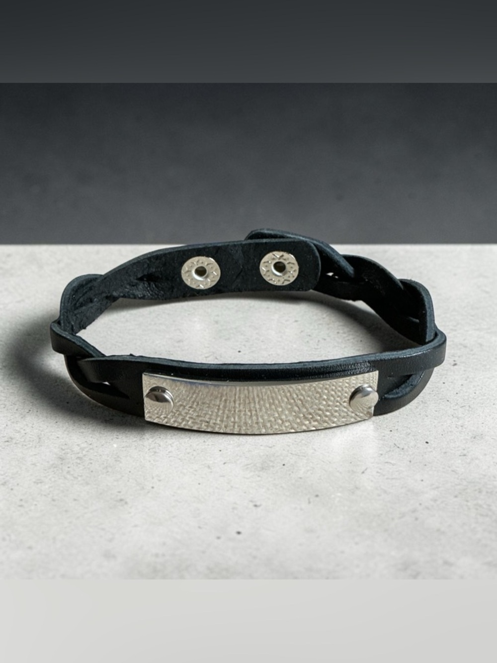 Plunder Black Leather Bracelet with Silver Plate